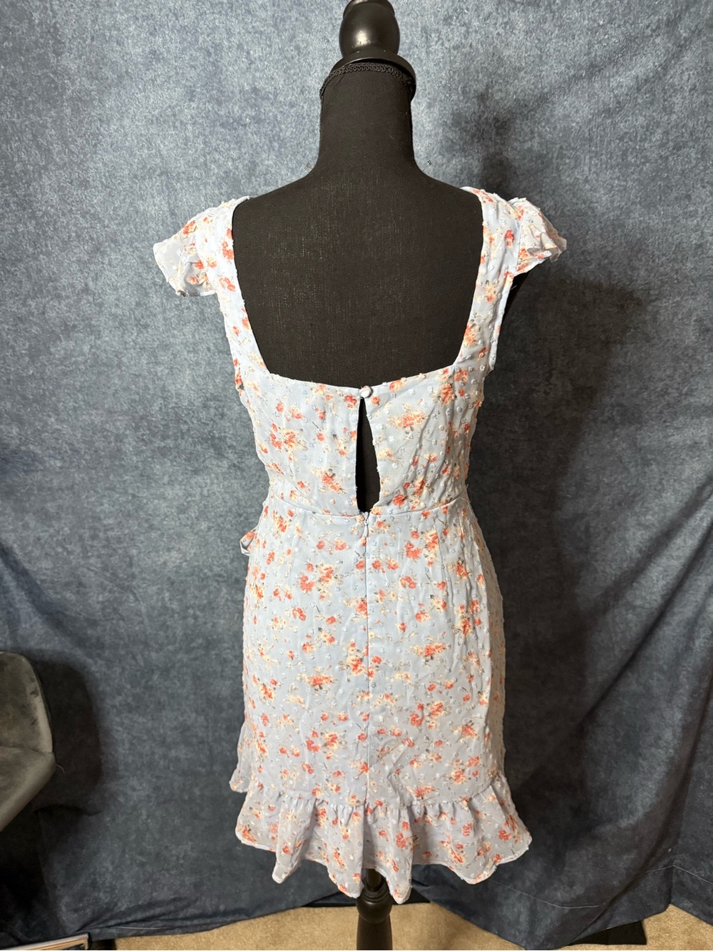 Light Blue Floral Square-Back Midi Dress with Ruffle Hem